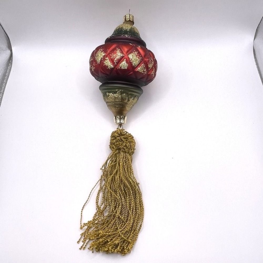 Vintage Czech‎ Republic 9" Length Glass Christmas Ornament Hanging Gold Tassel